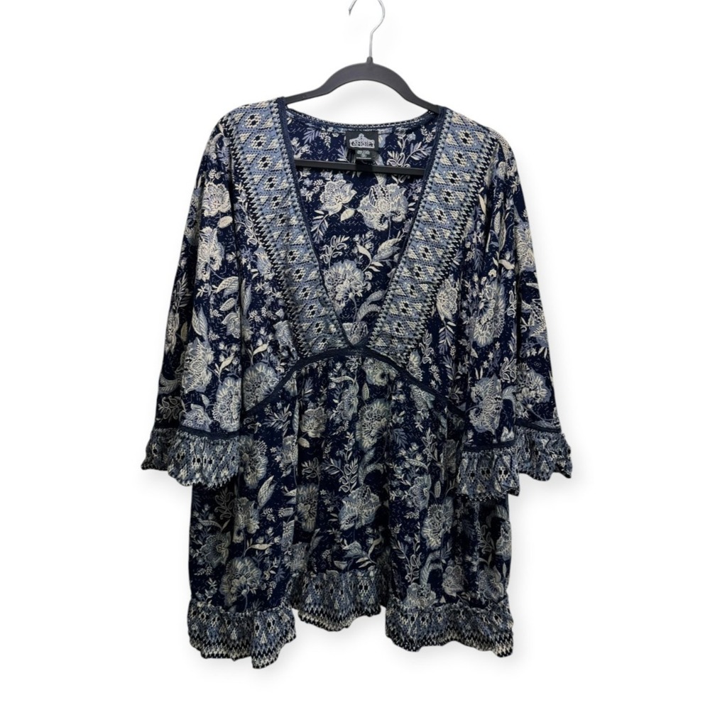 Blue Floral Boho Babydoll Blouse V Neck Bell Sleeve Flowy Festival Tunic Top 3X
